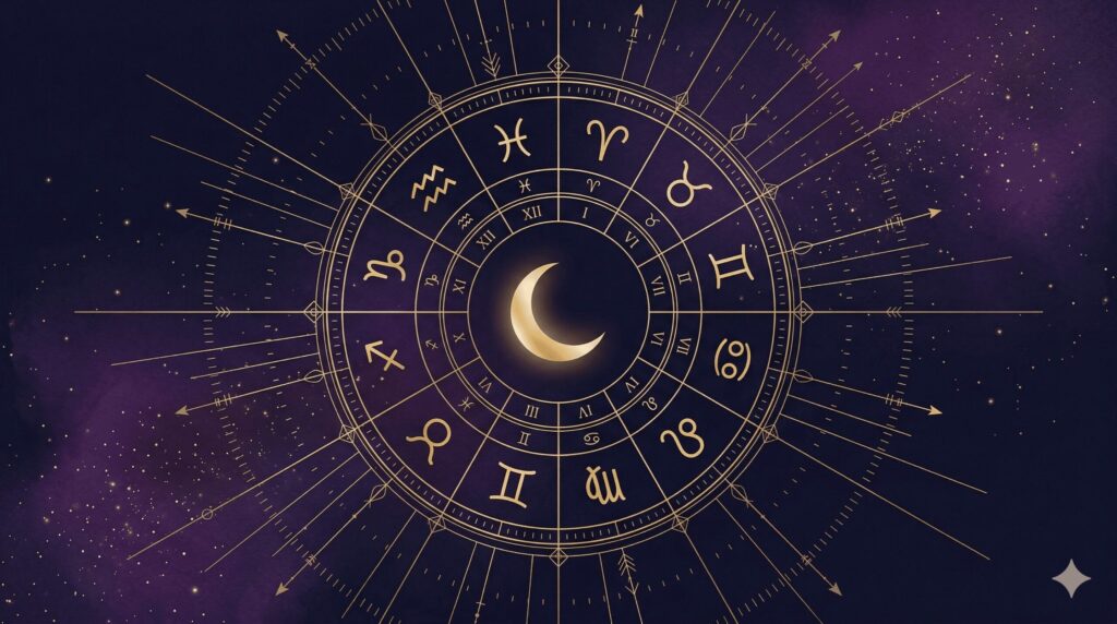 ホロスコープチャートの中央に三日月が浮かび出生データの入力をイメージさせる神秘的なイラスト