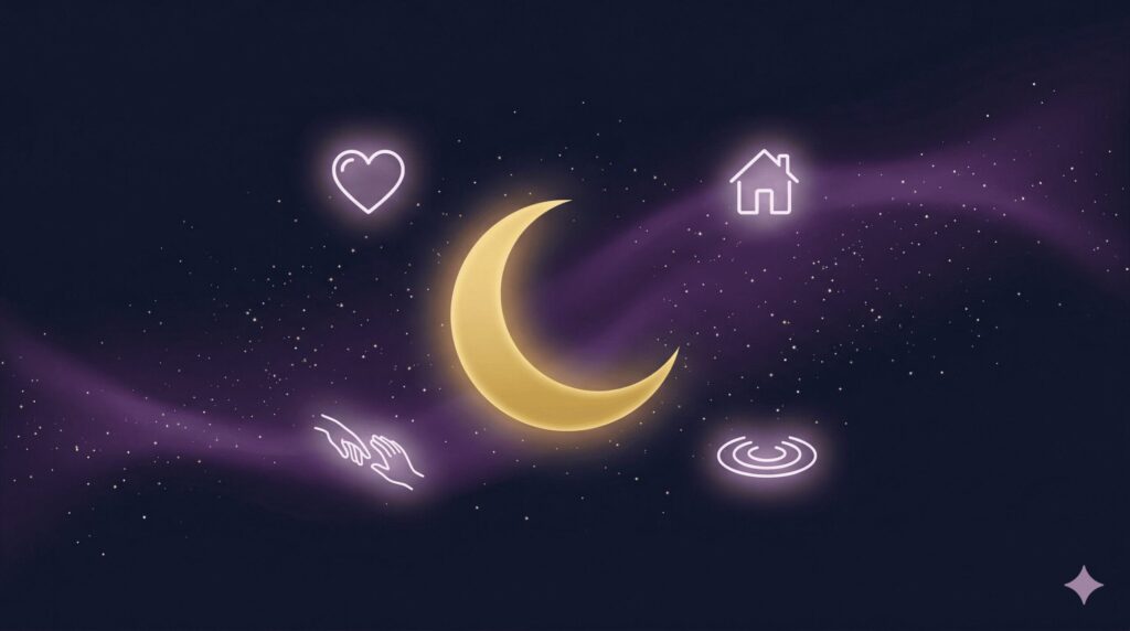 月星座が映し出す感情・安心感・ストレス反応・恋愛の距離感を表す4つのアイコンと三日月のイラスト
