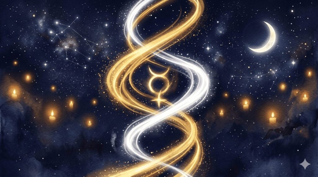 双子座の二面性を表すイラスト。光と影が交差する2つのシルエットが鏡像のように向き合っている