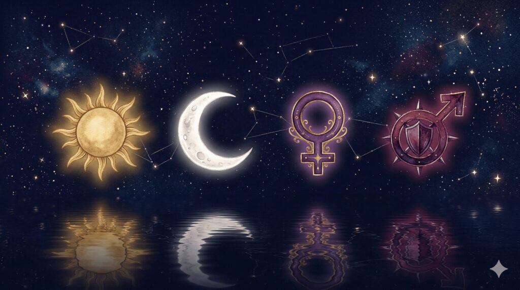 太陽・月・金星・火星の4天体がそれぞれ異なる役割を担うことを示す概念的なイラスト