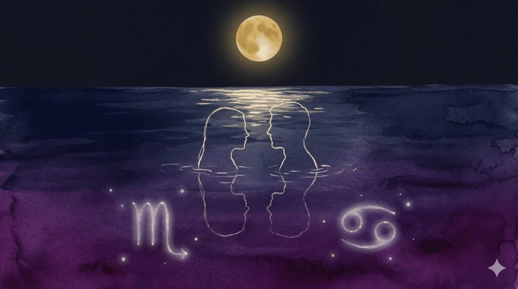 深い水面に月の光が反射する神秘的なイラスト。蠍座と蟹座の感情の深さを表現