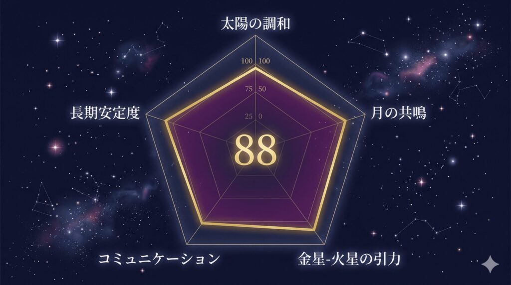 蠍座と蟹座の天庵式相性指数88点を5軸で示すレーダーチャート