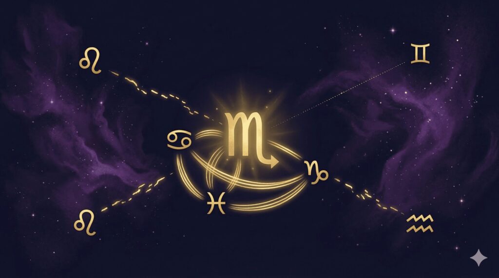 蠍座のシンボルを中心に蟹座・魚座・山羊座・獅子座のシンボルが配置された相性イメージ