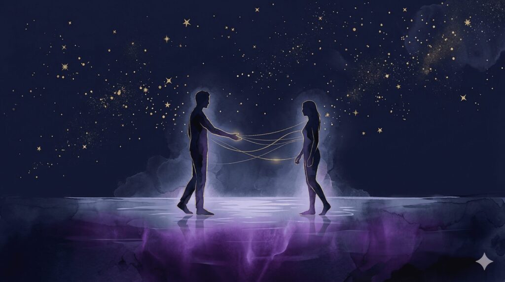 二つのシルエットが近づきながらも微妙な距離を保つ、星空と水面が広がる神秘的なイラスト