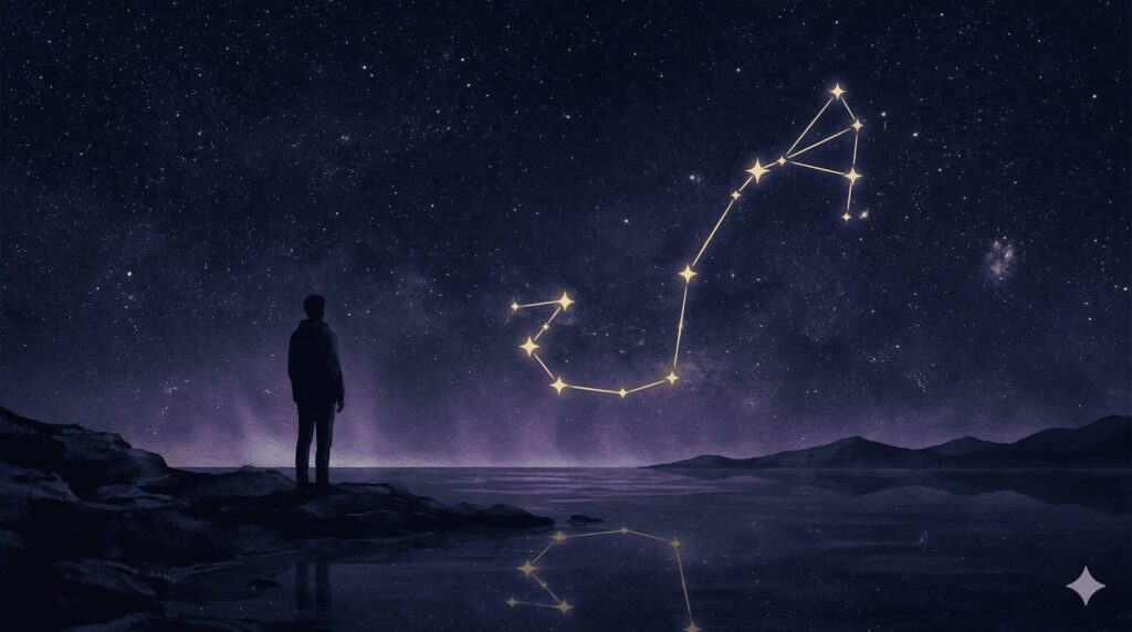 星空の下で静かに佇むシルエットと蠍座の星座線が重なる神秘的なイラスト