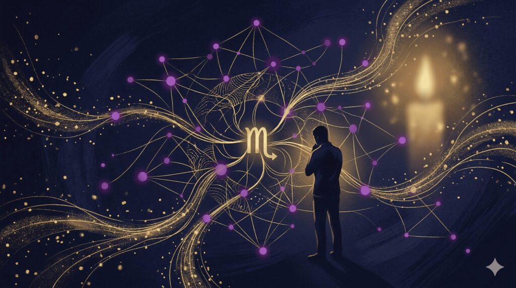 暗い宇宙空間にデータの光の粒子と蠍座のシンボルが融合した仕事イメージのイラスト