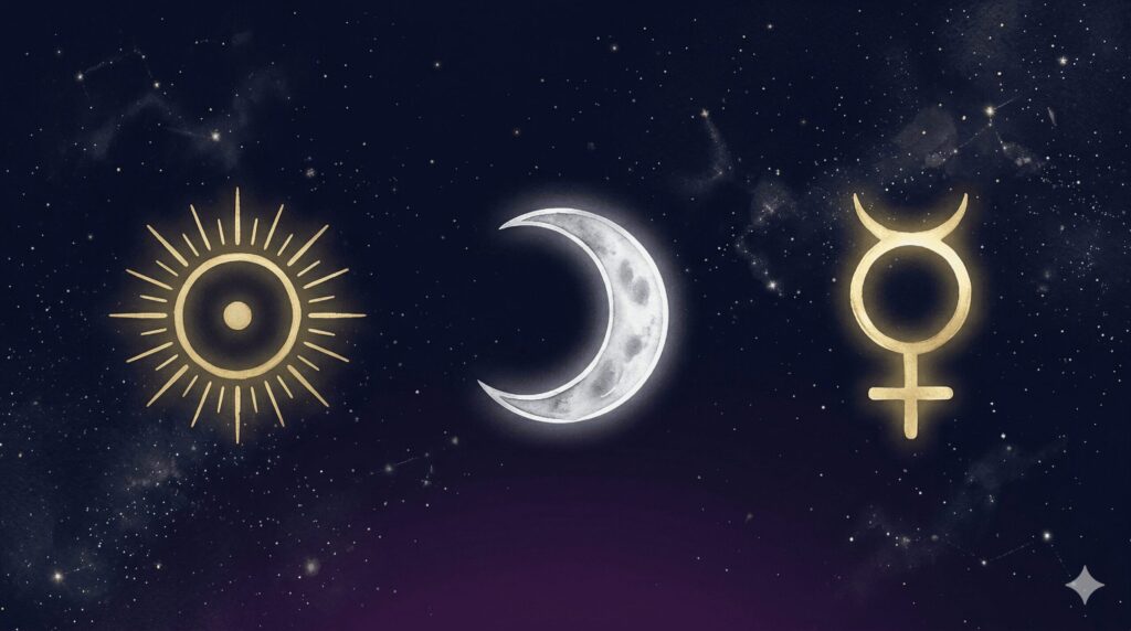 太陽星座は人生の方向性、月星座は感情のパターン、水星星座は考え方と伝え方を示す3つの天体シンボルの比較図解