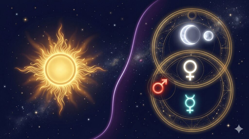 1つの太陽シンボルと複数の天体が重なる2つのホロスコープを対比した概念イラスト