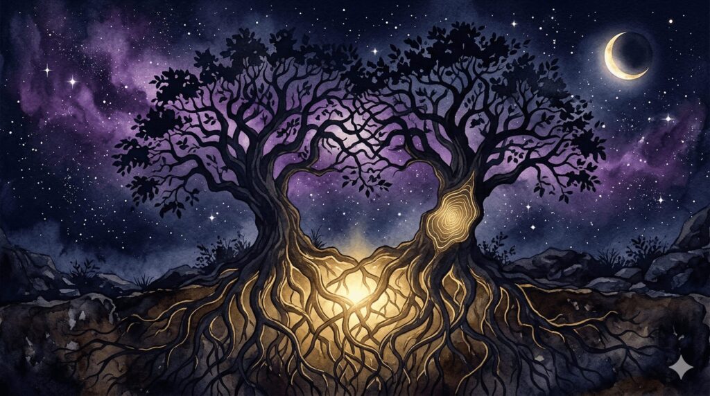 星空の下で2本の大樹が根を絡め合い支え合うシルエットイメージ