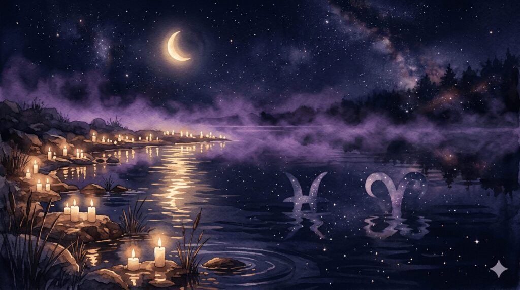 水面に映る二つの星座シンボルの影が揺れる神秘的なイラスト