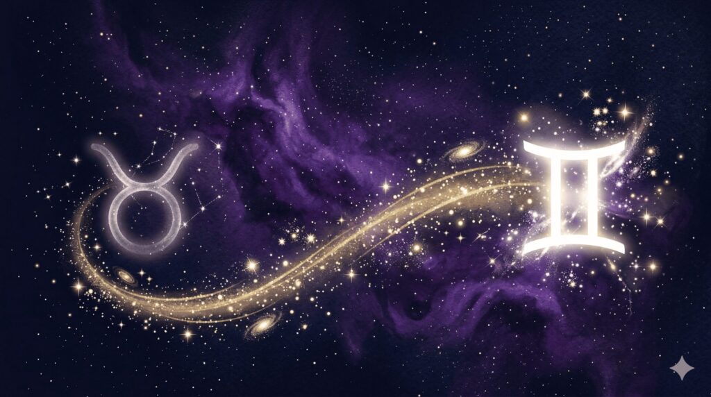 牡牛座のシンボルから双子座のシンボルへ金色の光の軌跡が移動する概念図イラスト