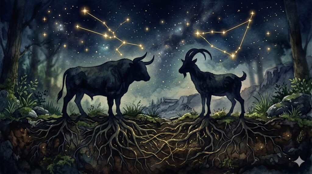 牡牛座と山羊座のシンボルが大地の上で向かい合う地のエレメントの調和イメージ