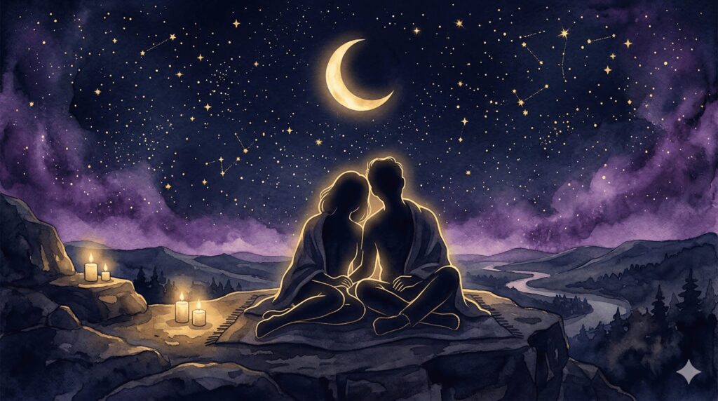 牡牛座と山羊座の穏やかな恋愛相性を表現したイラスト。星空の下で2つの光のシルエットが静かに寄り添っている。