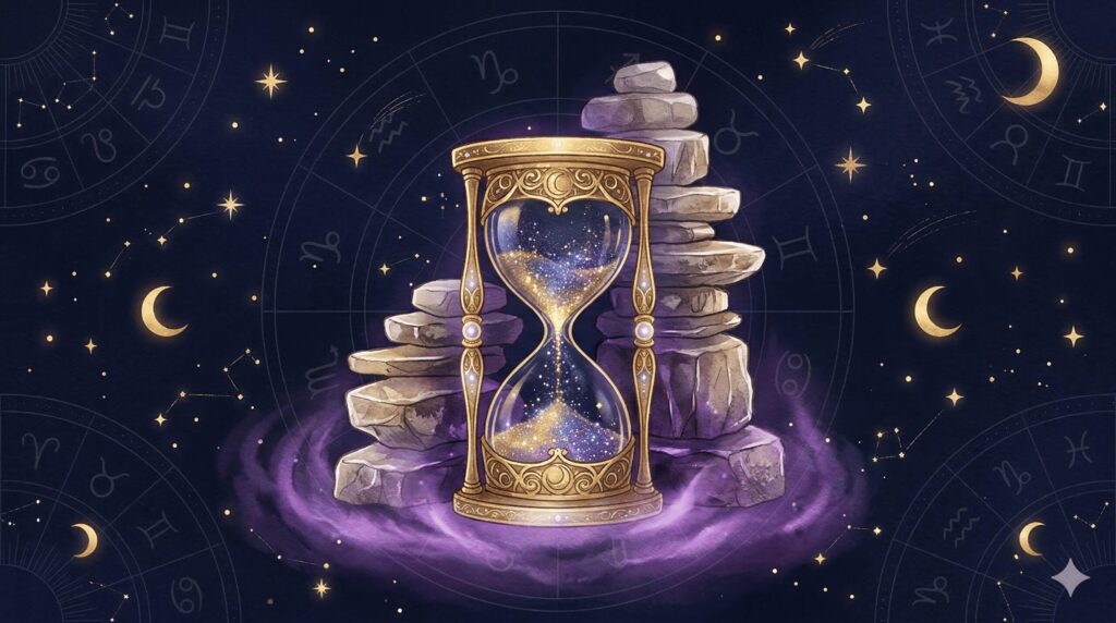 牡牛座と山羊座の結婚相性を表現したイラスト。深紺の背景に金色の砂時計と積み上がる星の光が描かれている。