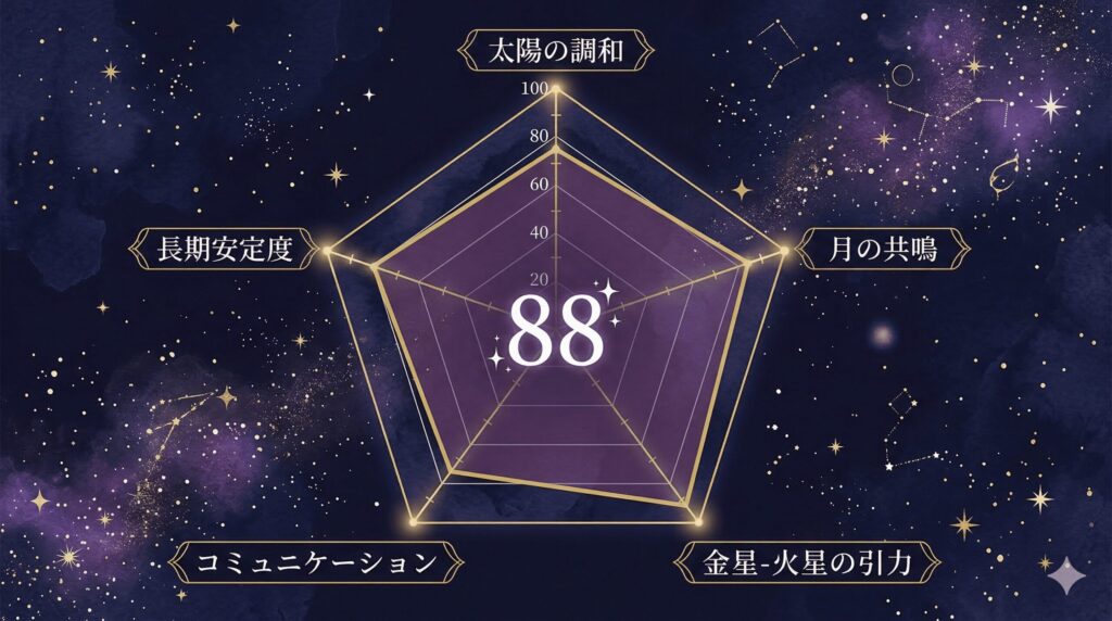 牡牛座と山羊座の天庵式相性指数88点のレーダーチャート。5軸すべてが高水準で、特に長期安定度が突出している。
