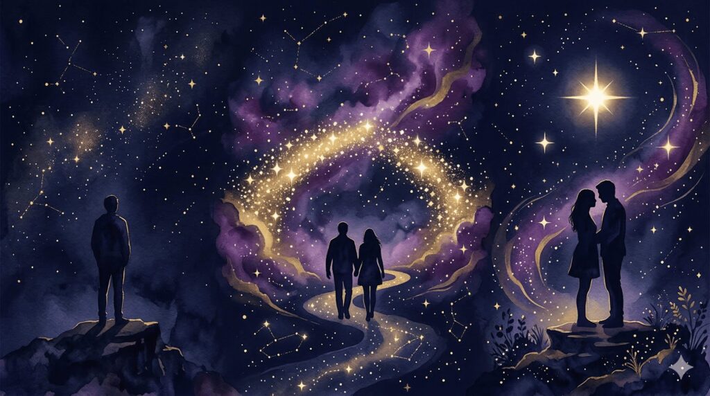 牡牛座の恋愛における観察・接近・確信の3段階を星と光で表現した神秘的なイラスト