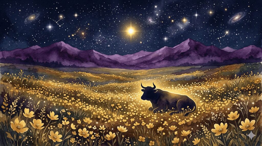 牡牛座の本質である安定と豊かさを花が咲く大地と星空で表現した神秘的なイラスト