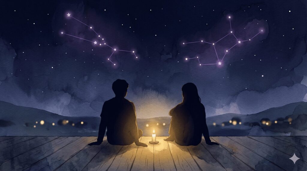夜空の下で2つのシルエットが静かに寄り添う牡牛座と乙女座の恋愛相性イメージ