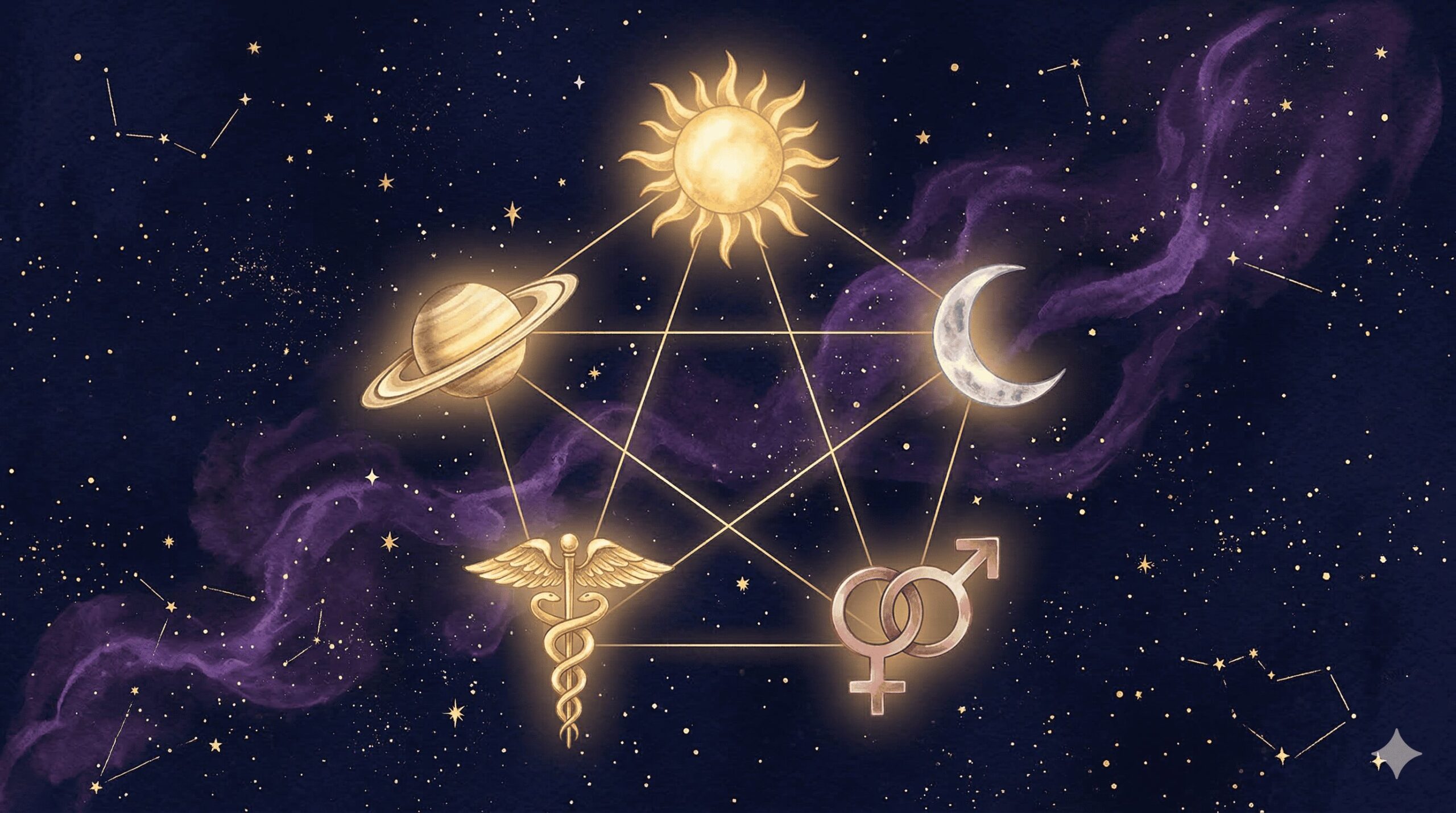 太陽・月・金星と火星・水星・土星の5つの天体シンボルが円形に並ぶ天庵式相性指数の5軸概念図