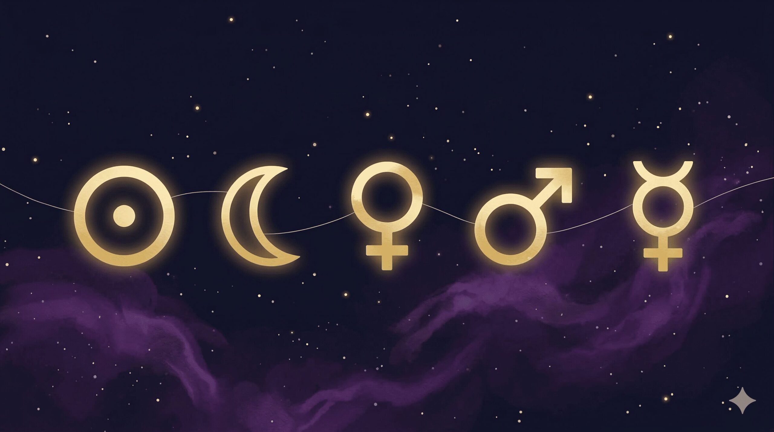 太陽・月・金星・火星・水星の天体シンボルが星空に浮かぶ抽象的なイラスト