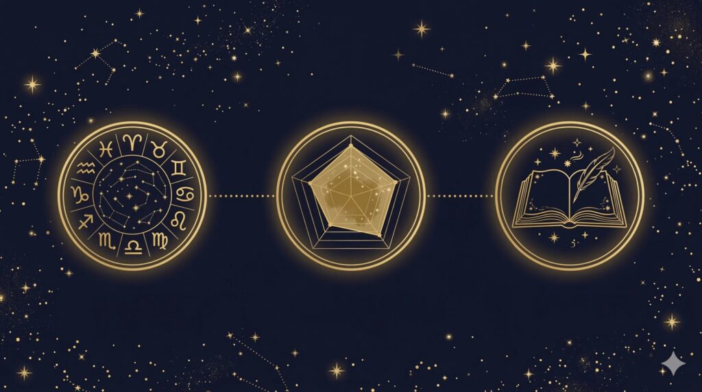 天庵の使い方を示す3ステップのイメージ。星座を選ぶ、相性を読む、理由を理解する