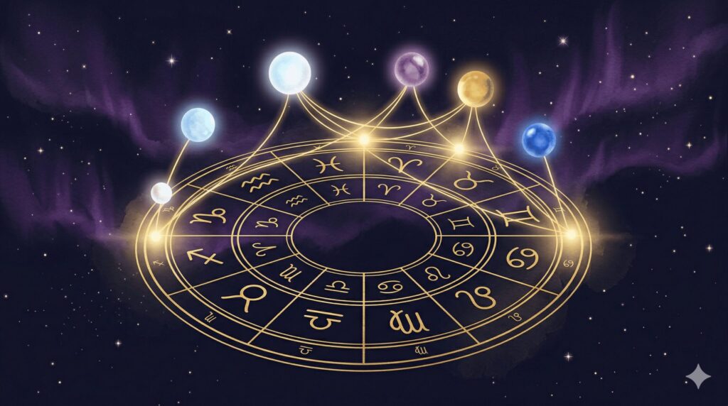 出生図の上に現在の天体が重なり、光の線でアスペクトが示される神秘的なイラスト