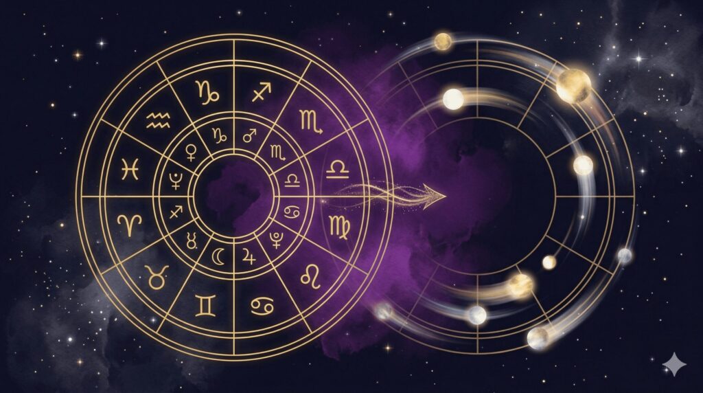 固定されたホロスコープ（ネイタル）と、その周囲を天体が動くトランジットの対比を描いた神秘的なイラスト