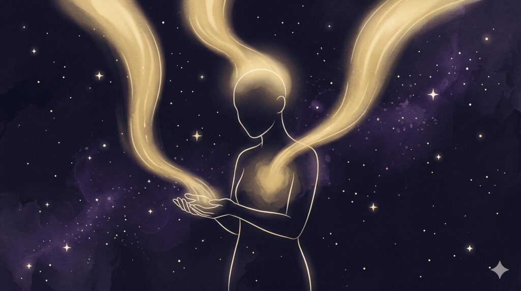 トランジットで読み取れる「今のテーマ」「動きやすい時期」「気持ちの揺れ」を星と光の流れで表現した神秘的なイラスト