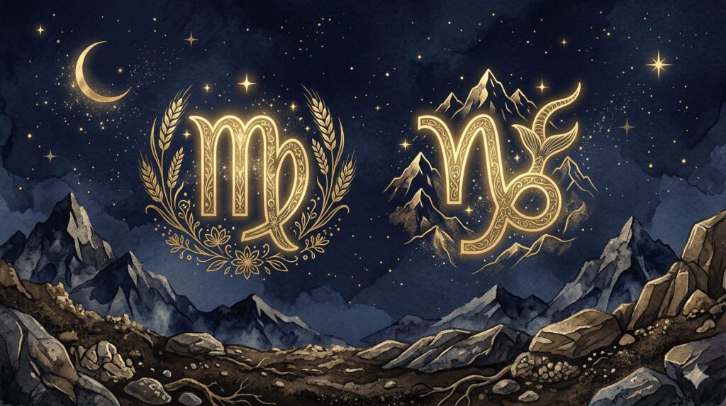 深紺の夜空に乙女座と山羊座のシンボルが金色に輝き、地のエレメントを象徴する大地のモチーフとともに並ぶ神秘的なイラスト