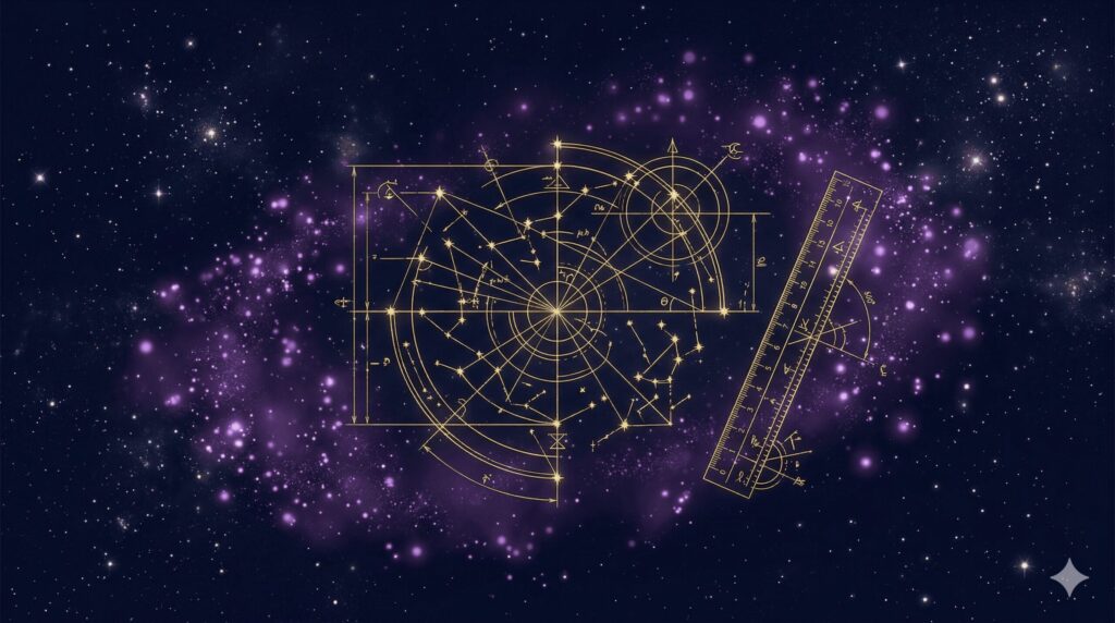 乙女座の精密さと改善力を象徴する、星空の中で金色に光る設計図と定規のイラスト