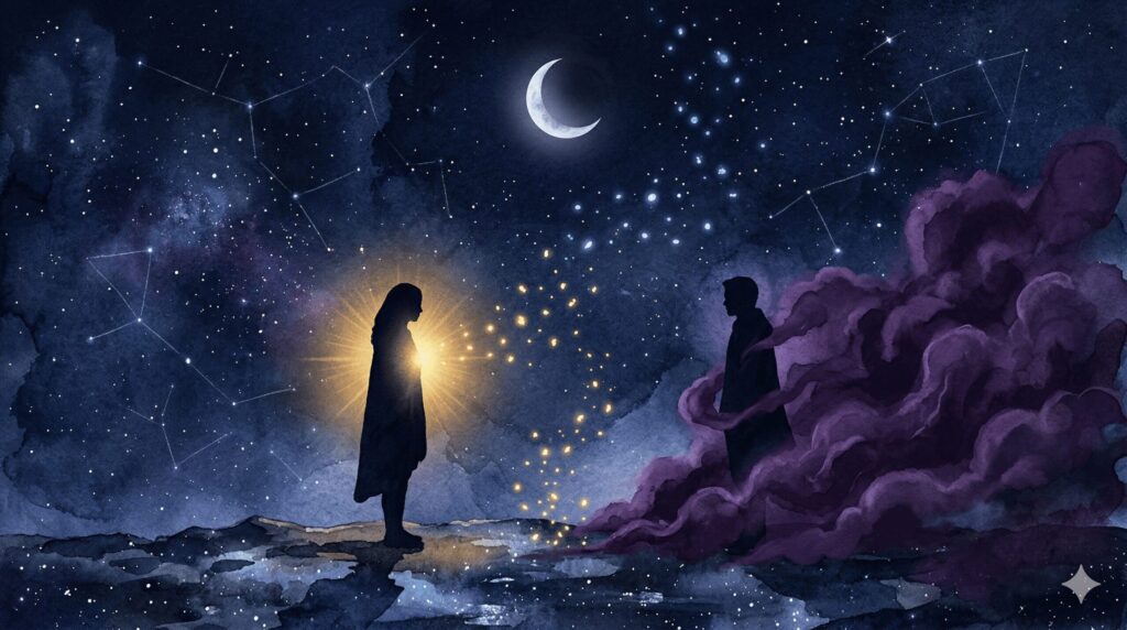 牡羊座と蠍座の恋愛の引力と緊張を表現した二つのシルエットが向き合う神秘的イラスト