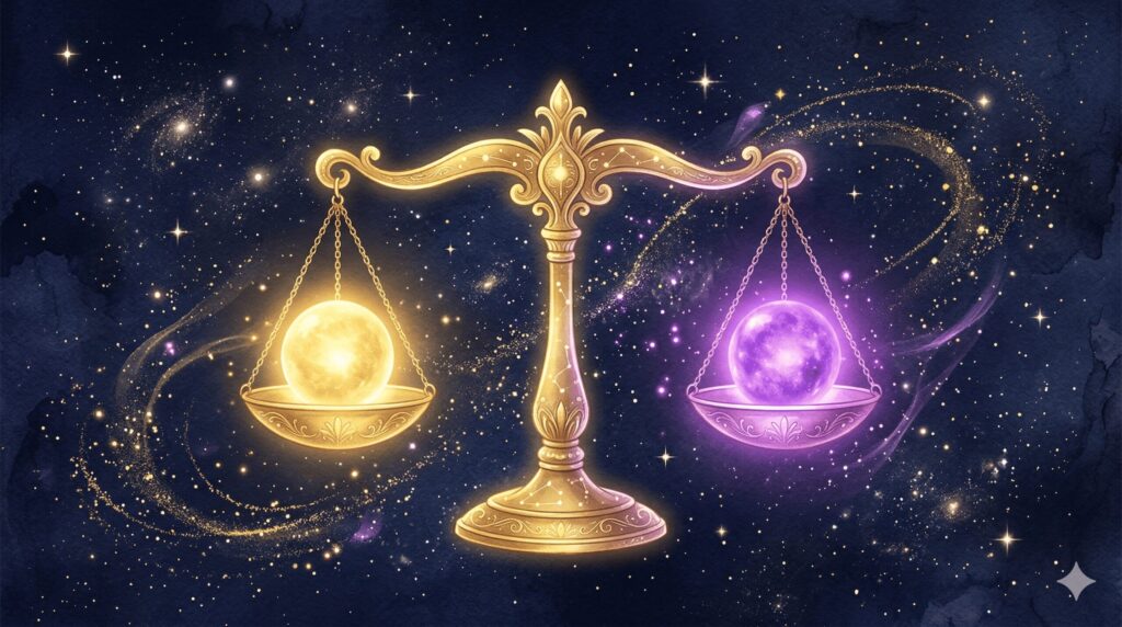 天秤のように均衡を保つ2つの天体と、その間にある光と影のグラデーション