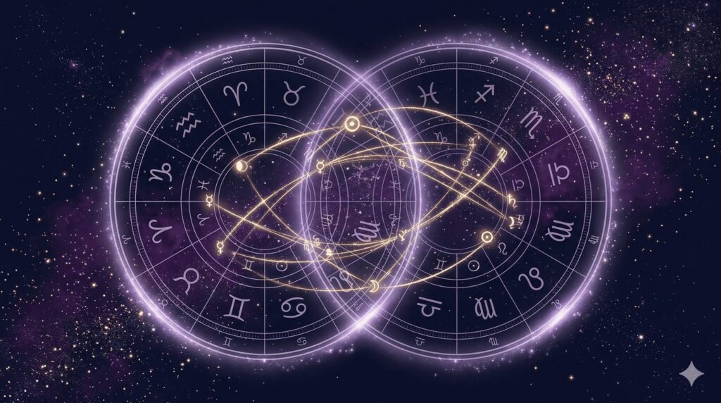 2つのホロスコープが重なり合い、天体間にアスペクトの線が引かれている幻想的なイメージ