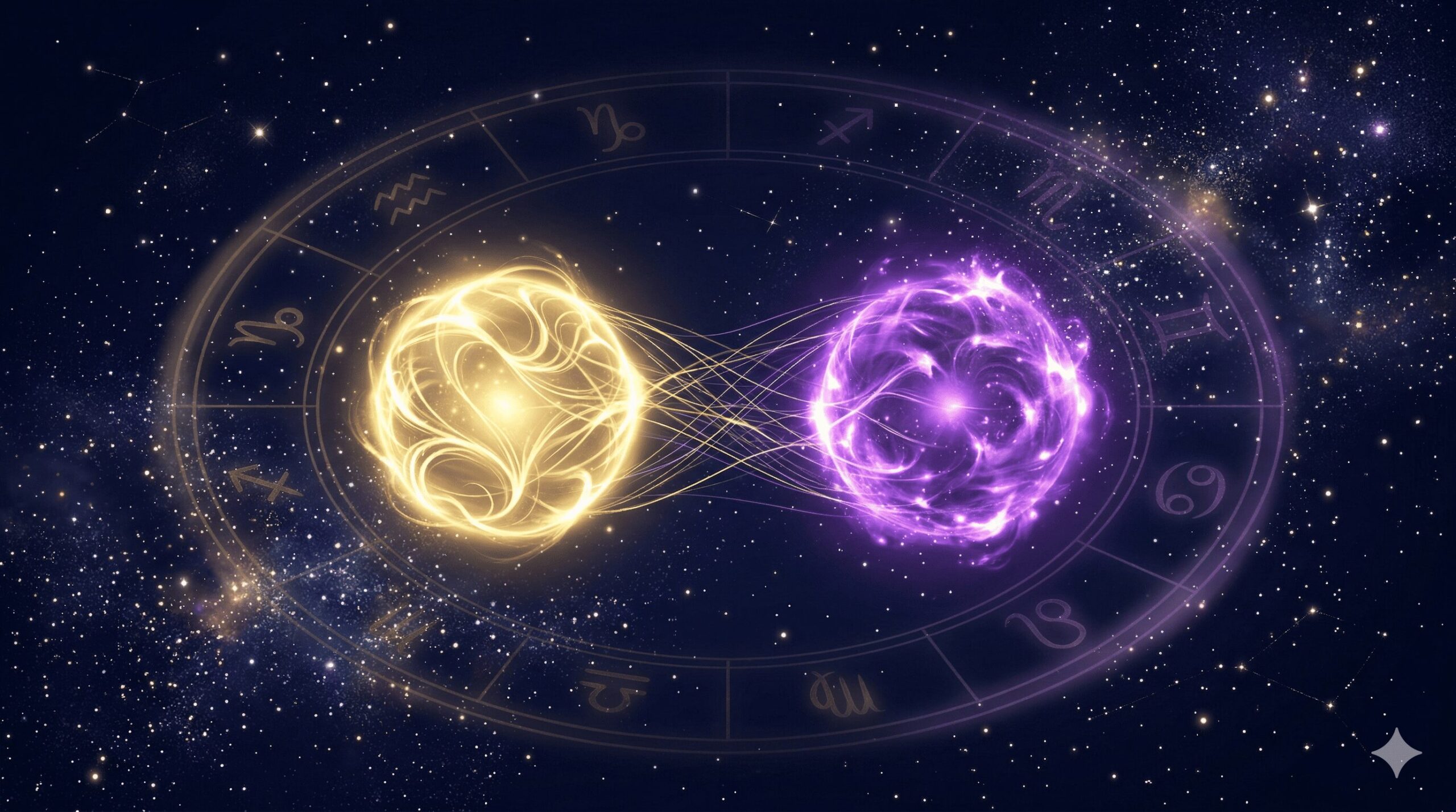 金色と紫色の2つの光の球体が引き合う占星術イメージのイラスト