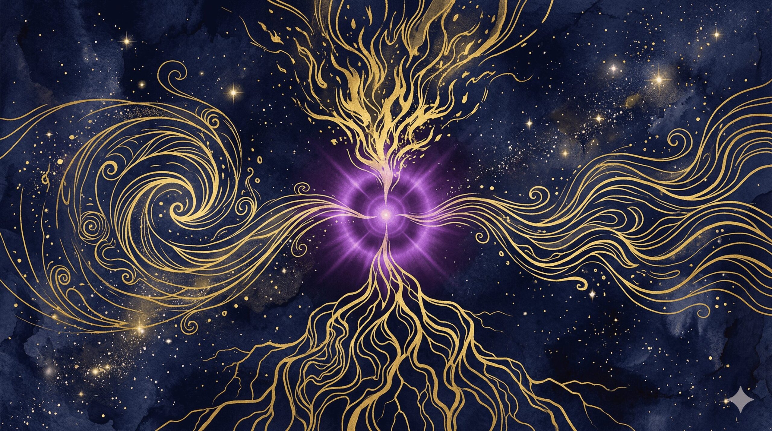 4つの元素が異なる方向に広がる様子を表した抽象的なイラスト