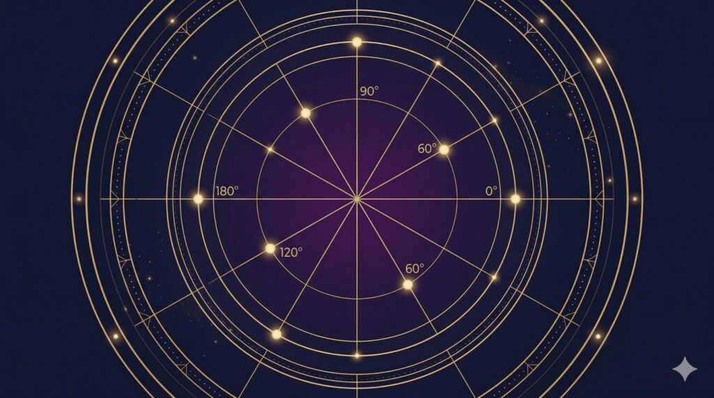 コンジャンクション0度・セクスタイル60度・スクエア90度・トライン120度・オポジション180度の5種を角度で示した図解