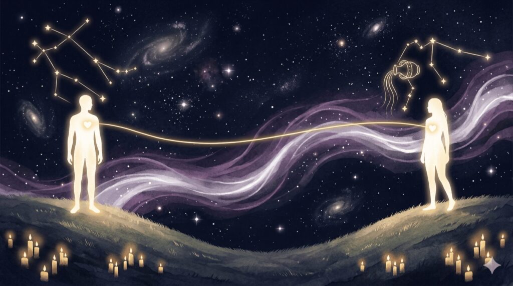 星座の光が交差しながら適度な距離を保つ二つのシルエットのイラスト