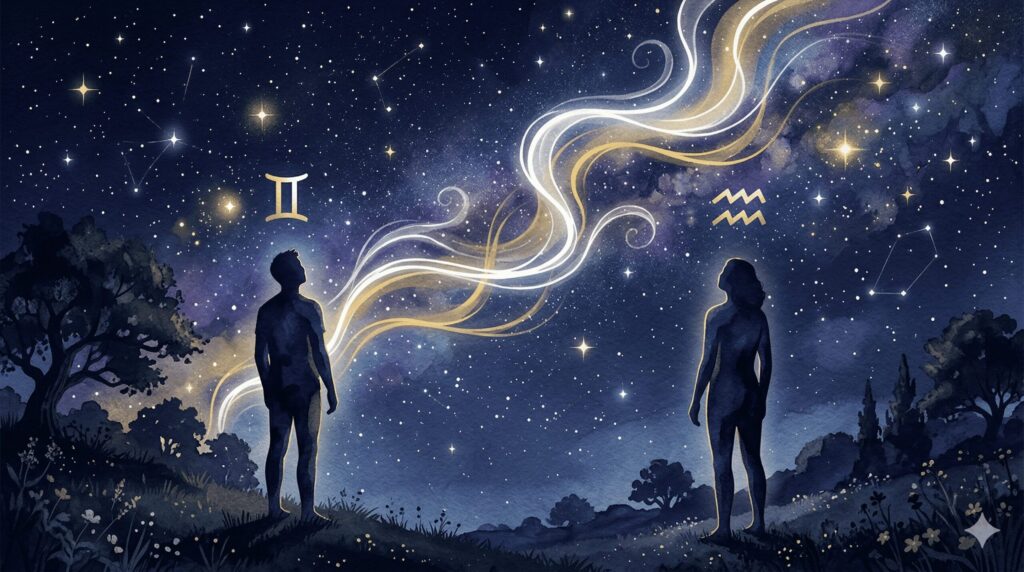 星空の下で向かい合う二つのシルエットと風のエフェクトが描かれた恋愛相性イラスト