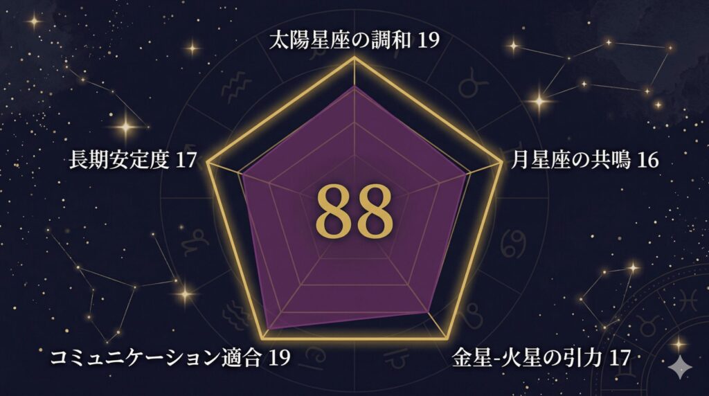 双子座と水瓶座の天庵式相性指数88点を示す5角形レーダーチャート