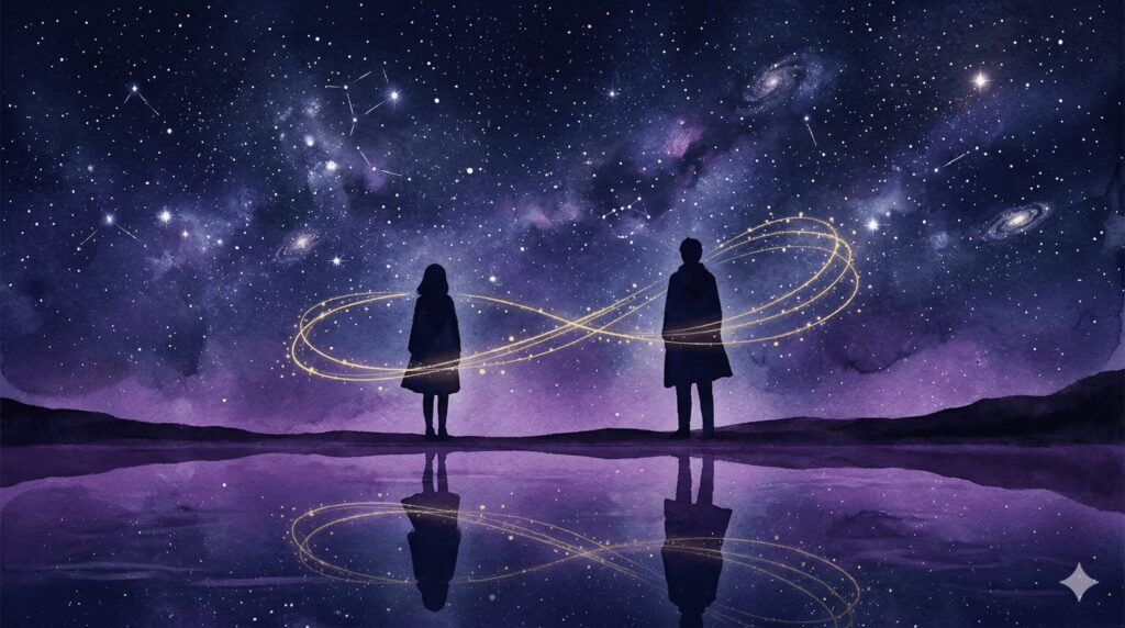 二つのシルエットが光の軌道で緩やかにつながる、静かな宇宙空間のイラスト