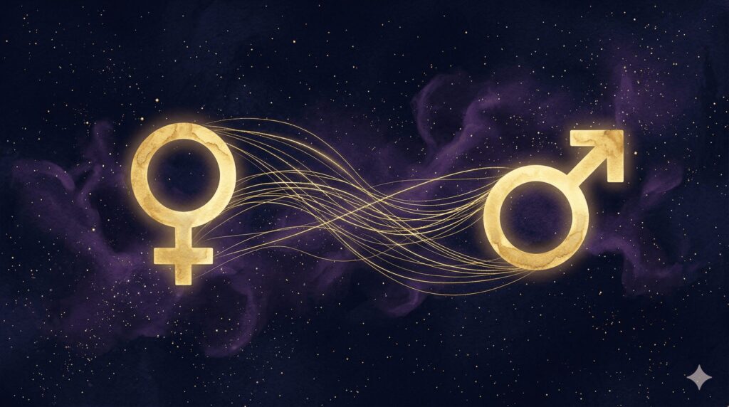 金星と火星のシンボルが金色の引力線でつながる神秘的なイラスト