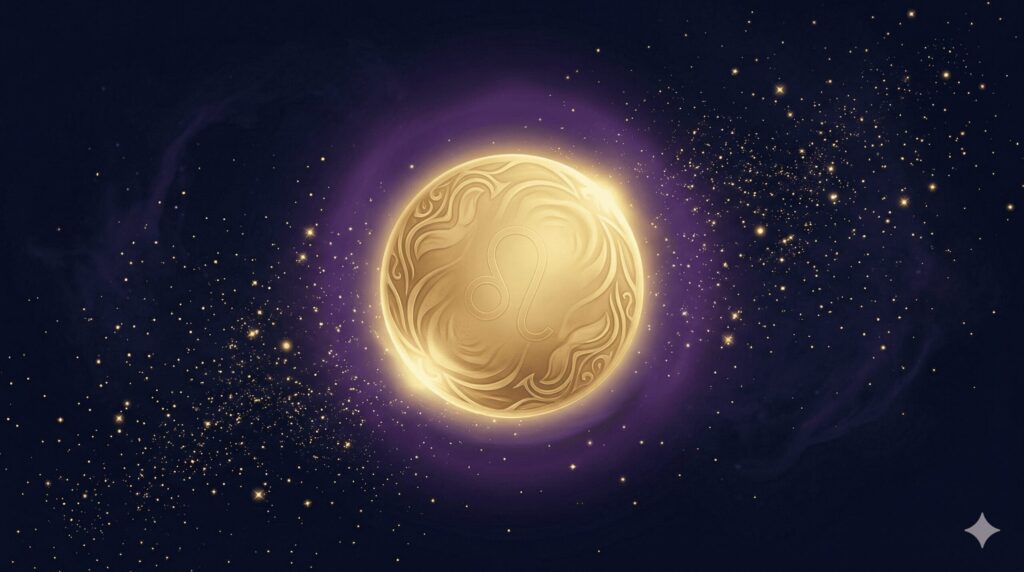 金色のコインと星座シンボルが融合したイメージ、獅子座の金運を象徴