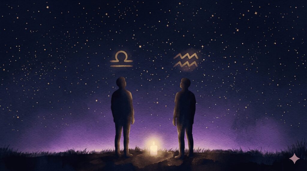 夜空の下で向き合う2つのシルエットと天秤座・水瓶座のシンボル