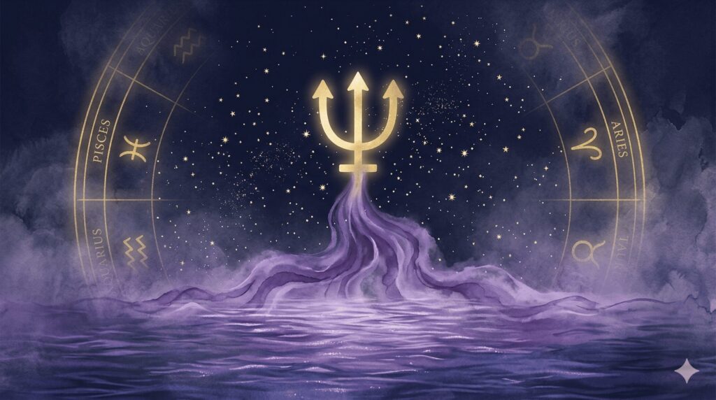 海王星のモチーフと水のエレメントが融合する魚座の基本性格を表す神秘的なイラスト