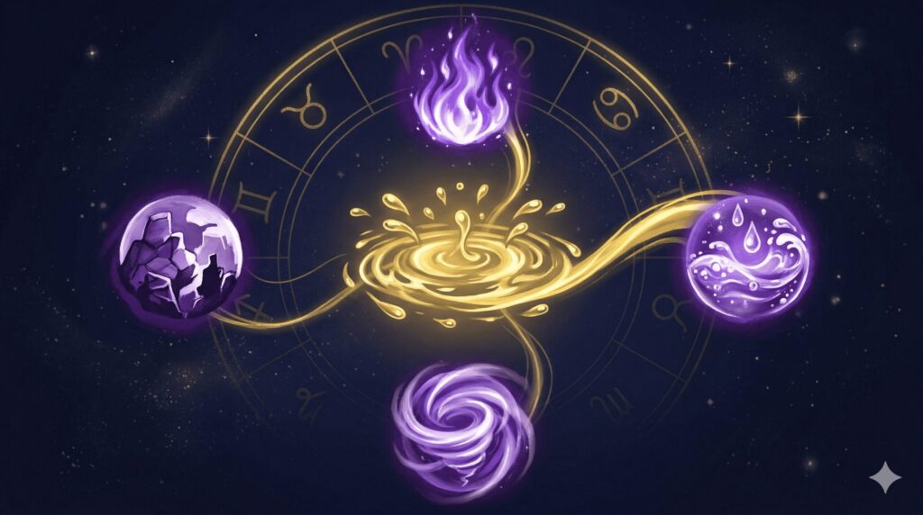 水のモチーフを中心に火・風・地のエレメントが交差する相性概要イラスト