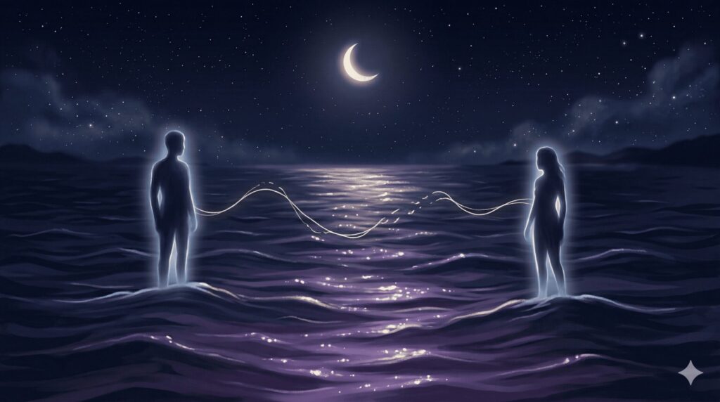 波間に二人のシルエットが近づいたり離れたりする魚座の恋愛傾向を表すイラスト