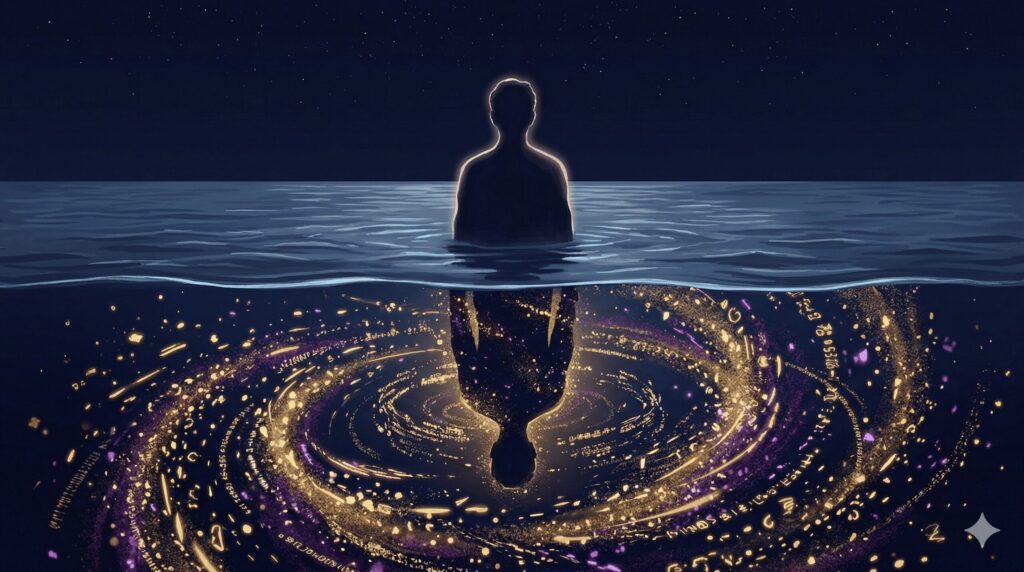 水面に映る穏やかなシルエットと水中で情報が渦巻く対比を描くイラスト