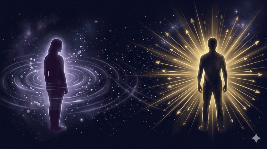 感覚的に伝える側と直球で伝える側のコミュニケーションの違いを表す2つのシルエット