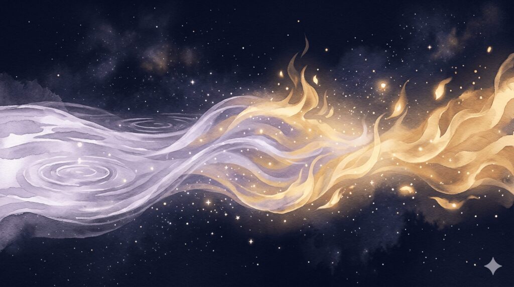 水のエレメントと火のエレメントが柔らかく交差する神秘的なイメージ