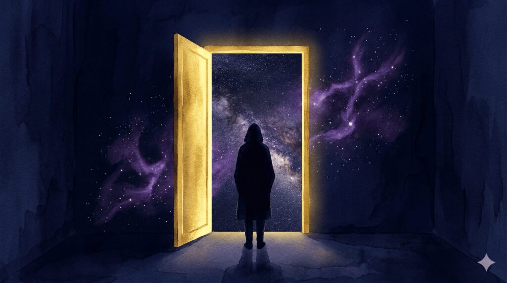 暗い部屋から開いた扉の先に広大な星空が広がり射手座のシルエットが立つイラスト